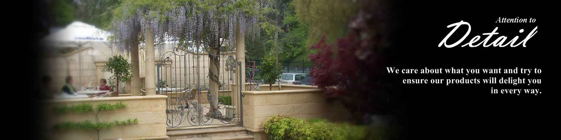 Image of wrought iron gates. Text reads: Handcrafted. Everything we make in our family-run business is lovingly handcrafted by our skilled metal workers. Quality materials and a combination of modern and traditional methods are used to create stylish gates and wrought iron perfectly made to suit your house and garden.