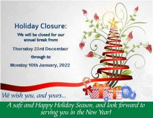 Christmas closure 23/12/21 - 10/1/22